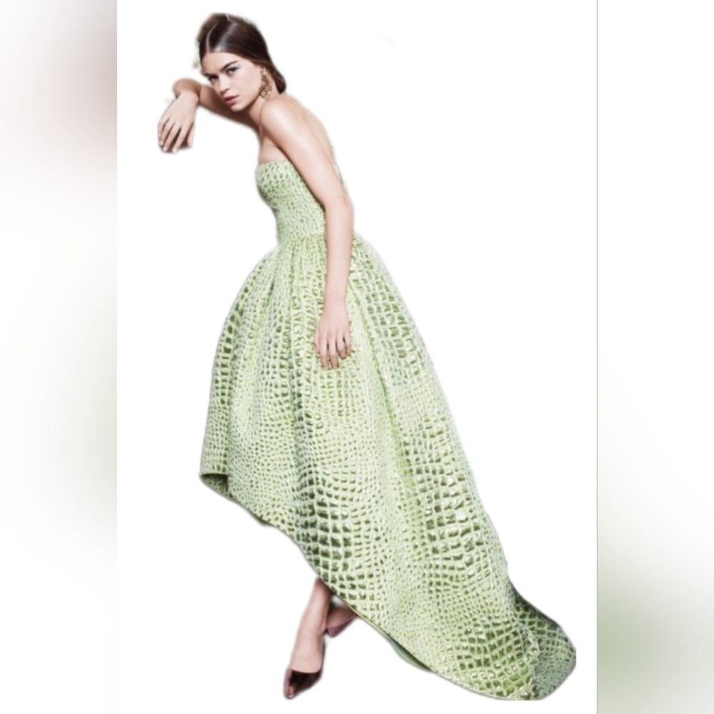 $7,000 OSCAR DE LA RENTA LIGHT GREEN HI LOW STRAPLESS TRAIN SILK GOWN US L - Picture 5 of 16
